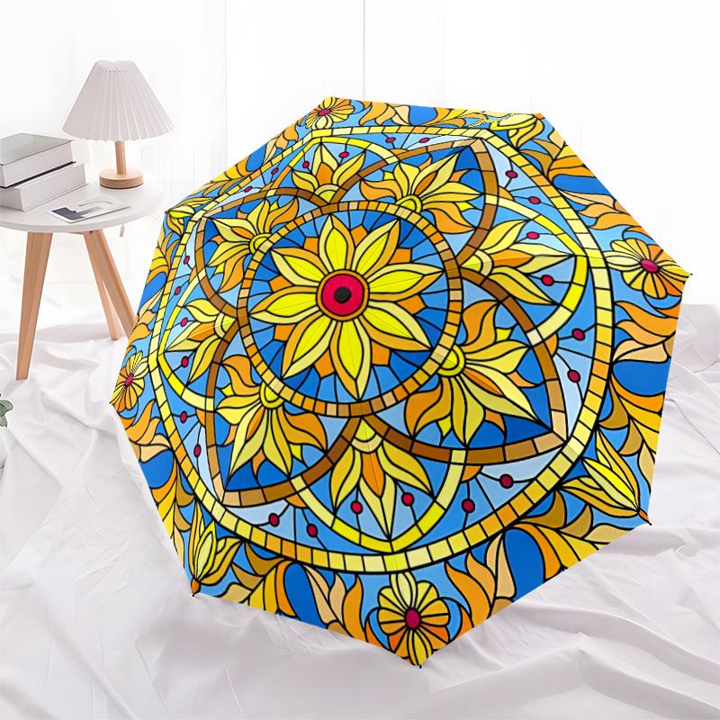 1pc Stained Glass Mandala Automatic Folding Umbrella - Design, Durable Iron Frame for Travel, Outdoor, Beach Fashion Accessory a0920062