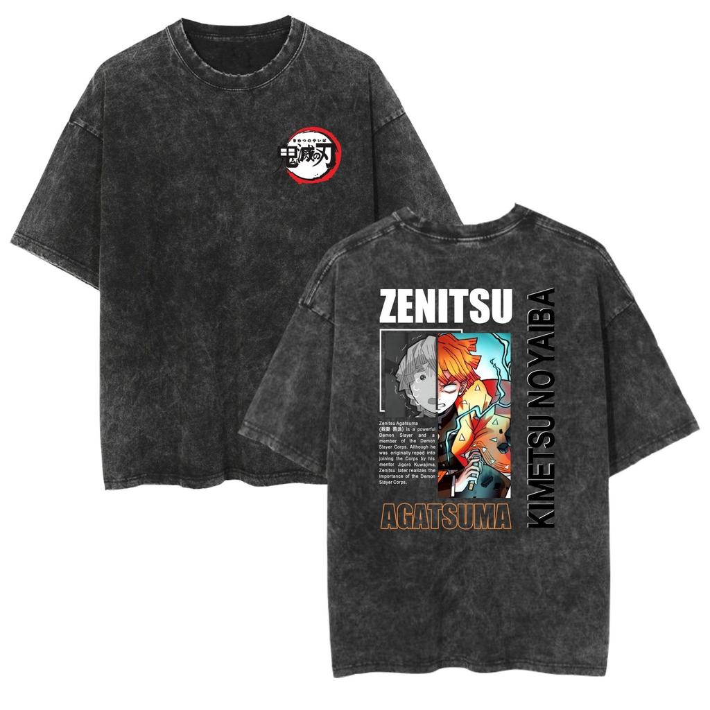 Ghost Slayer Retro Washed Anime Short Sleeve T-shirt with Printed Pattern for Daily Comfort