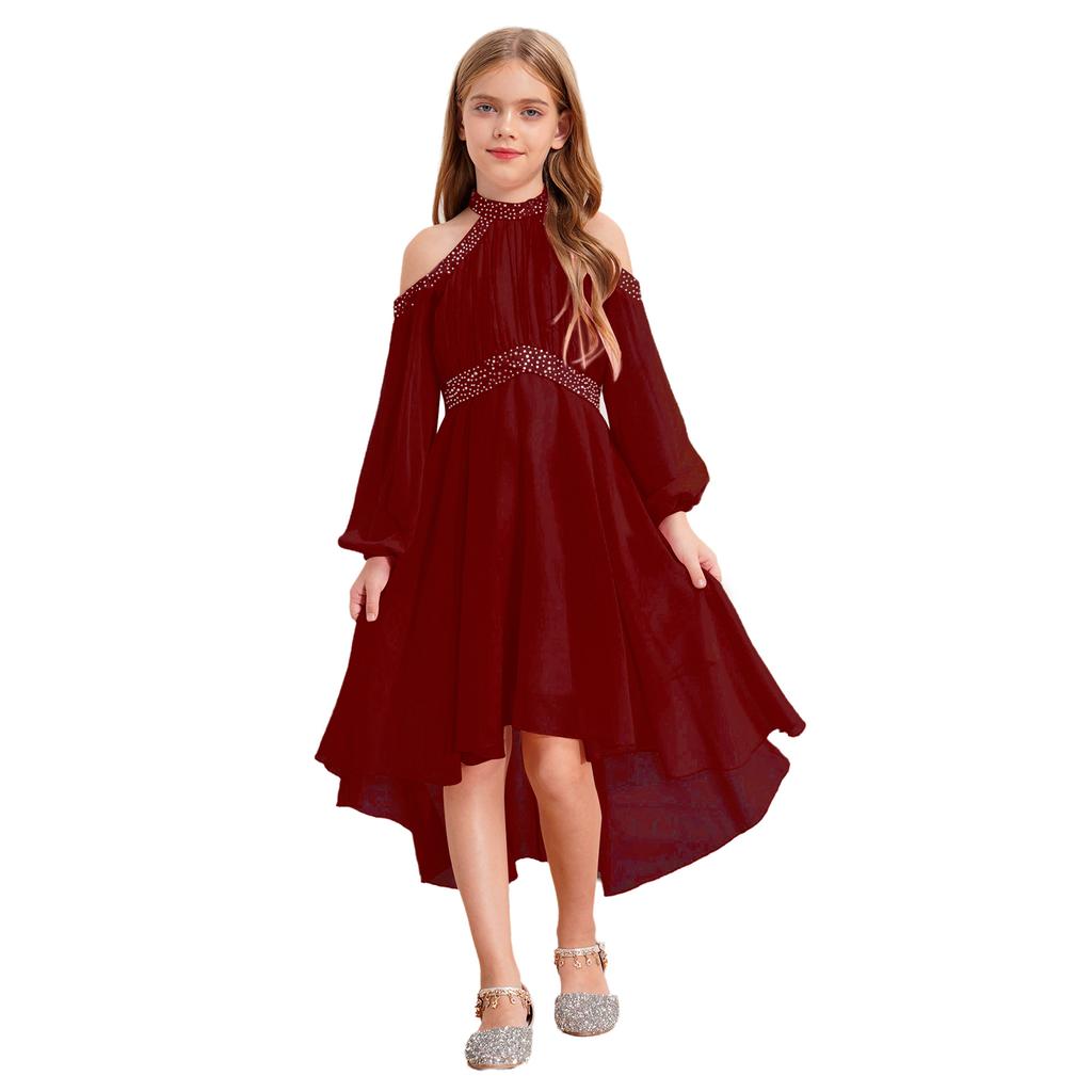 Children‘s High Waist Ruffled Dress Halter Off Shoulder Long Sleeve Irregular Hem Fake Diamond Embellished for Prom Wedding Party