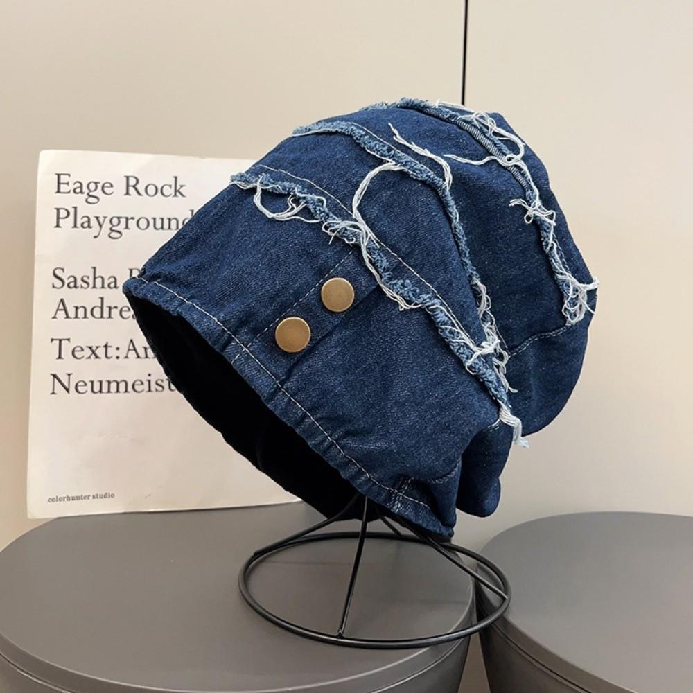Vintage Washed Denim Beanie Korean Style Loose Beret Casual Distress Denim Pullover Cap Unisex