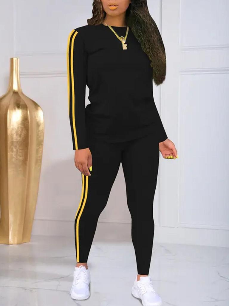 Women's Casual Two-Piece Sportswear Set: Long-Sleeve Top & Slim-Fit Pants with Side Stripes, Multi-Color Options