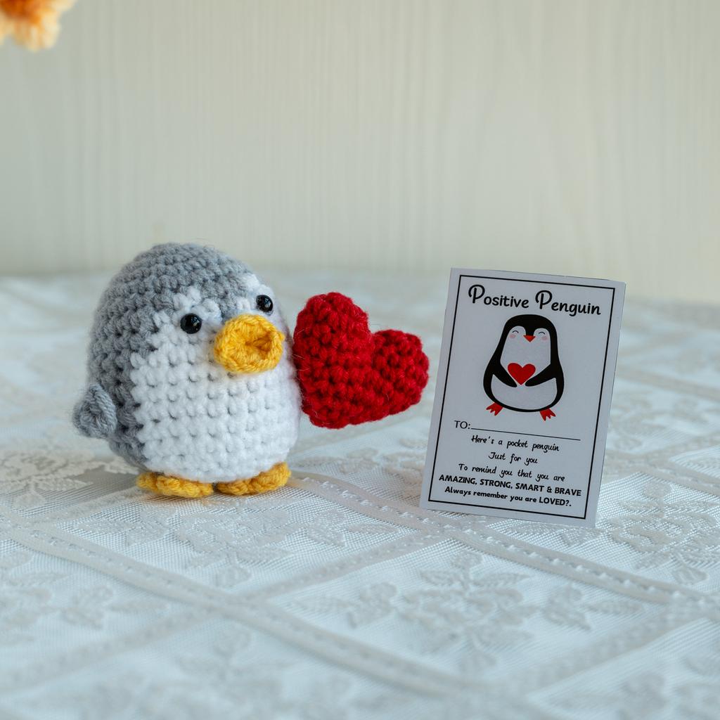 New Positive Energy Crochet Penguin Doll With Heart Home Room Decor Handmade Knitted Emotional Support Penguin Desktop Ornament