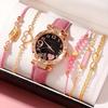 6-Piece Women's Quartz Watch Set: Diamond-Set Dial, Leather Strap, Beaded Bracelets