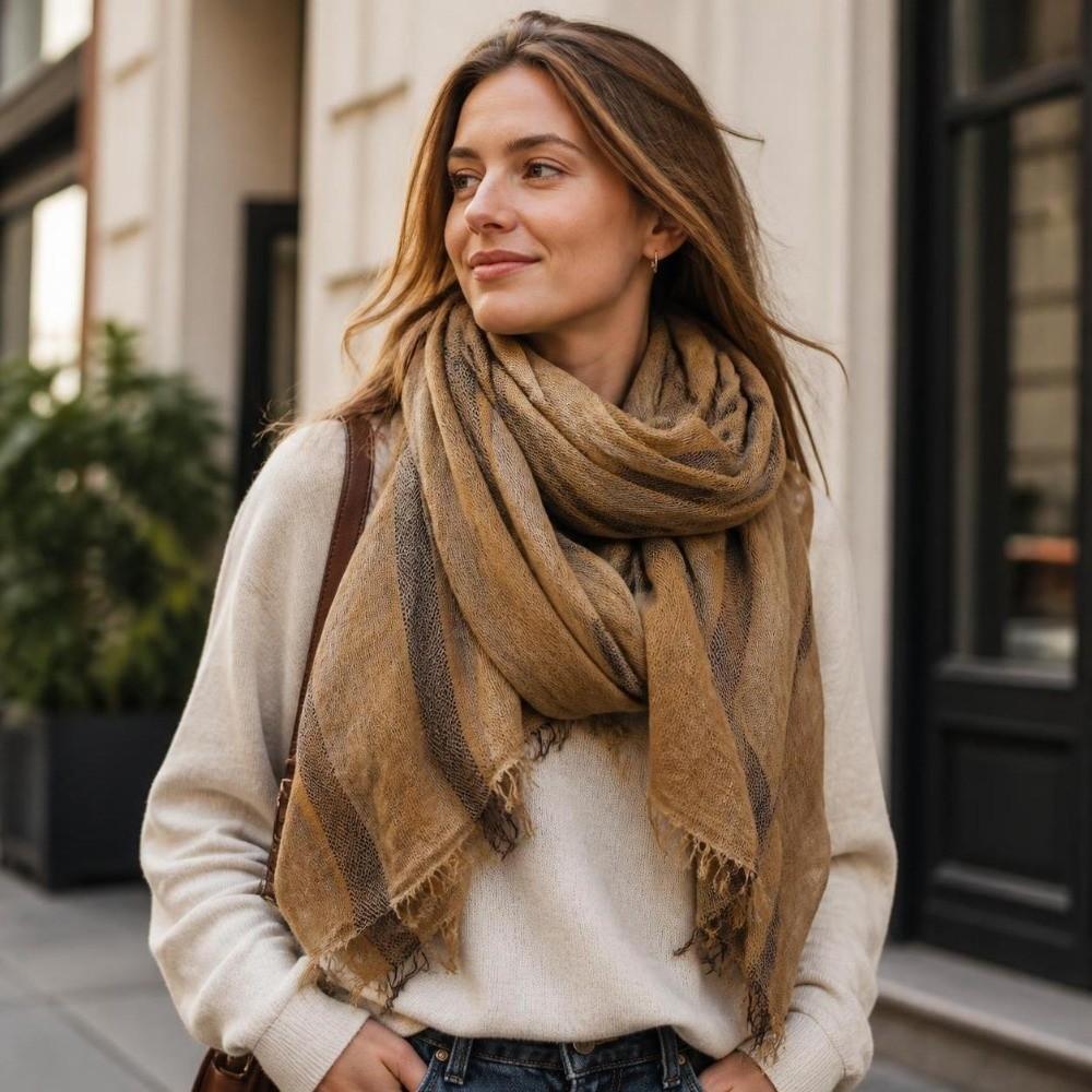 Breathable Cotton Linen Neckerchie Short Tassel Unisex Scarf Soft Striped Scarf Office