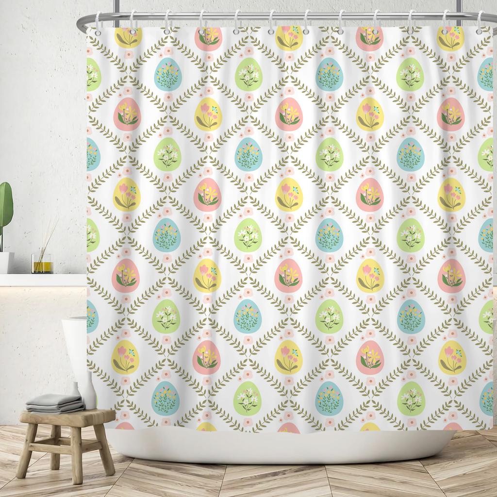 Waterproof Easter Theme Shower Curtain Bunny Easter Eggs Floral Basket Watercolor Check Pattern Design Spring Bathroom Decor
