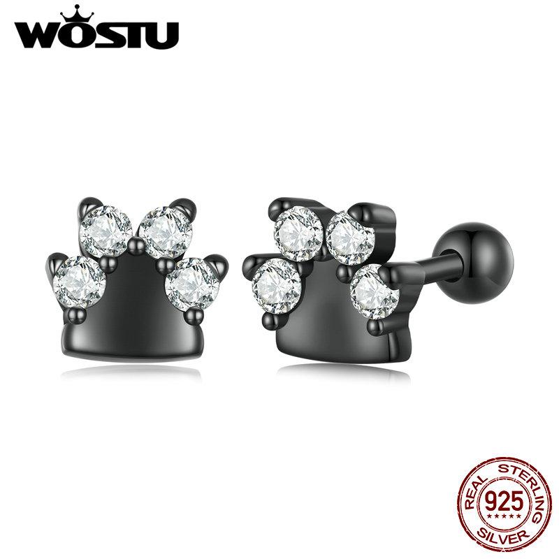 WOSTU 925 Sterling Silver Pink Zircon Pet Dog Paw Stud Earrings For Women Lovely Heart Zircon Ear Studs Birthday Jewelry Gift