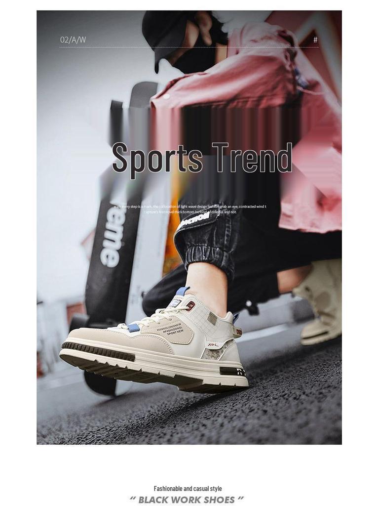 Men's Trendy Spring High-Top Breathable White Skate Shoes with Thick Soles