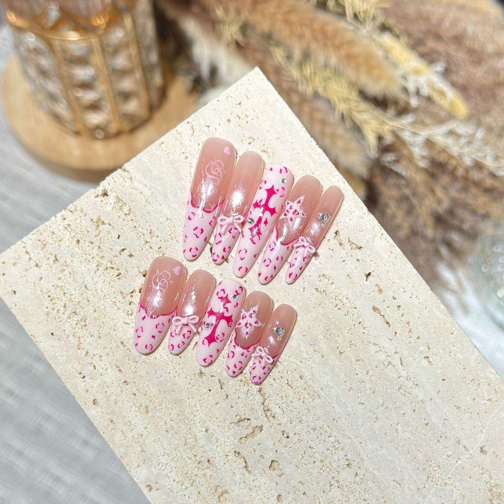 Handmade Press On Nail French Sweet Cool Cat Eye Hand-painted Pink Leopard Print 3D Bow Long Stiletto/Oval Fake Nail Patch Artificial Nail Reusable