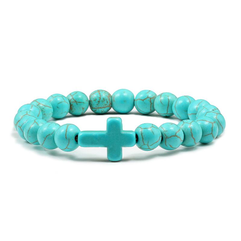 

Charm Natural Stone Bracelet Cross Black Lava Matte Beaded Bracelets Handmade Men Women Prayer Fitness Chain Couple Jewelry Gift 17cm светло-синий