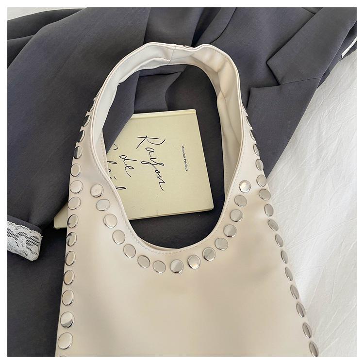 Trendy Retro One-Shoulder Rivet Bag with Textured Design