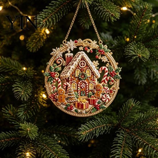 Durable Christmas Tree Decor Rhinestone Painting Suncatcher Kit, Round DIY Hanging Festive Decorations for Holidays Home, Craft Pendant Holiday Party