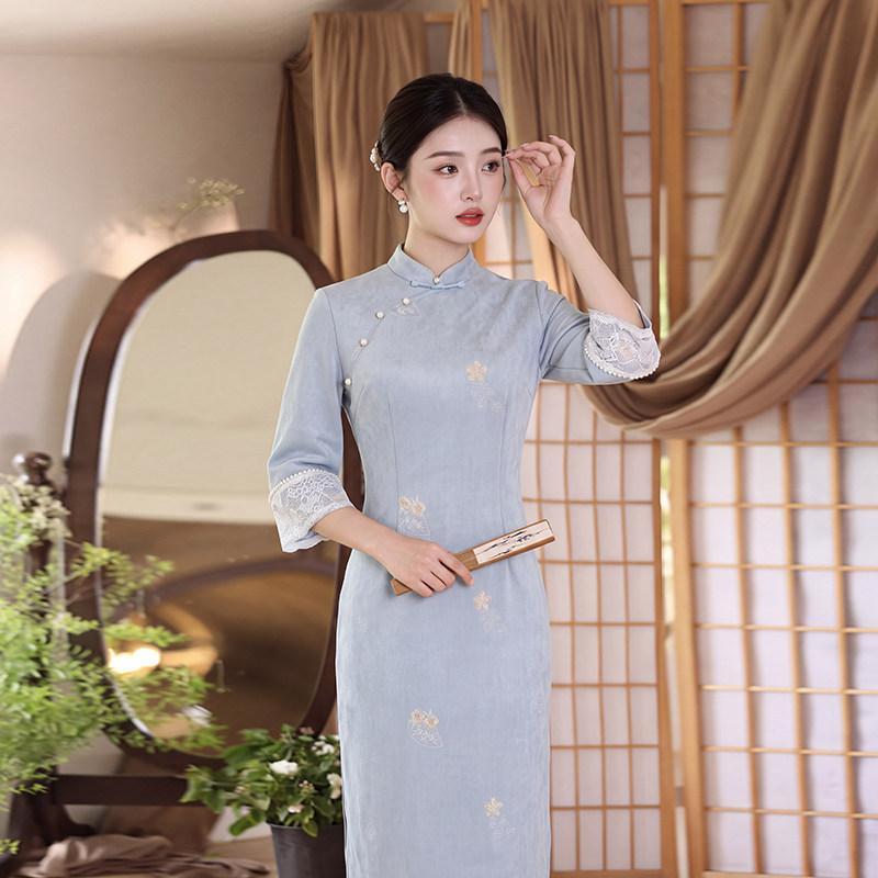 Blue Guofeng New Chinese Suzhou Long Sleeve Autumn Improved Cheongsam Seven-quarter Sleeve 1011 New Young Women's Spring and Autumn