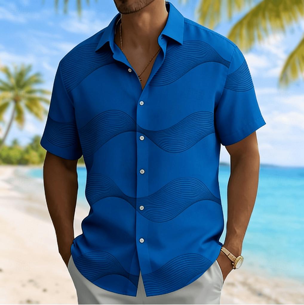 Herren Hemd mit Wellenlinien-Print, Kurzarm, Frühling Sommer Lässig, Pendler, Umlegekragen, Bluse, Locker sitzendes Oberteil