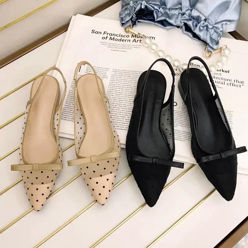 Fashion Elegant Woman Shoes 2025 Closed Toe Women's Sandals Fashion Pointed Toe Women Low Heel Slip on Bow Tie Polka Dot Shallow Sandal