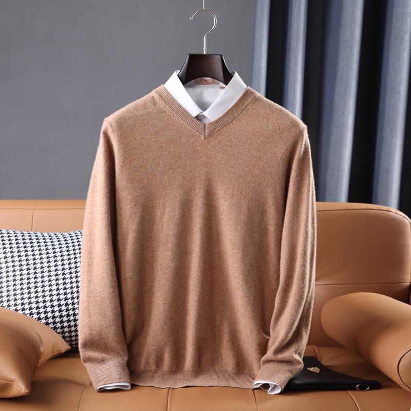 Men's Casual Autumn & Winter 100% Pure Wool V-Neck Loose Knit Sweater