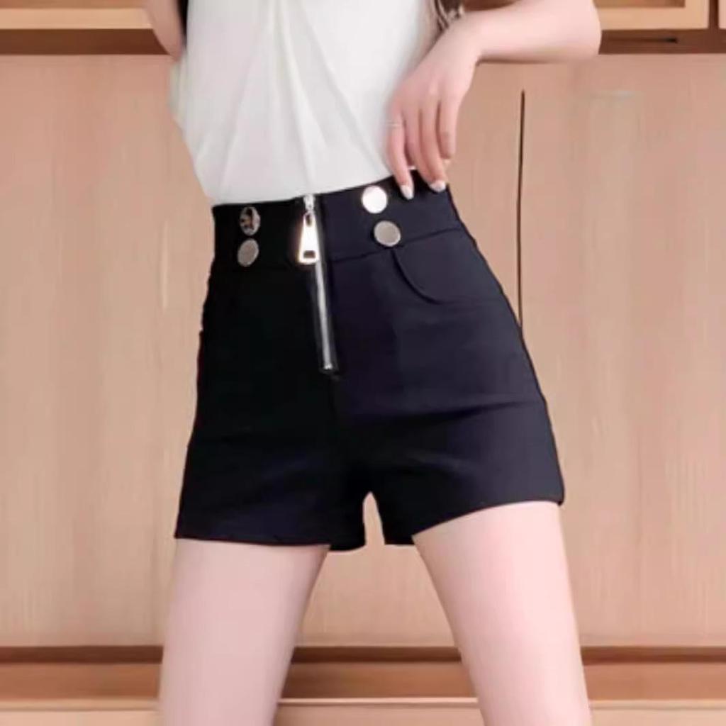 2024 Women's High-Waisted Black Shorts - New Niche Design, Zipper, Casual, Versatile, Korean Style Hot Pants