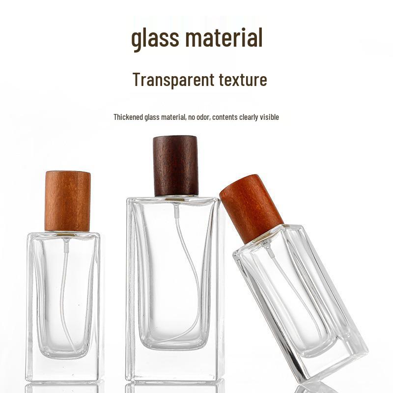 High-Grade Transparent Glass Perfume Bottle with Wooden Lid, 50ml/100ml, Fine Mist for Skincare Decanting