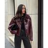 Wine Red Faux Leather Jakcet Fashion Outerwear Thicken Zipper Lapel Pu Coats Autumn Winter Streetwear Ladies Tops Women
