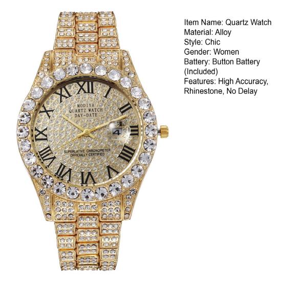 Ladies Quartz Watch Round Dial Alloy Rhinestone Decor Roman Umber Calendar No Delay Time-checking High Accuracy Business Commute Wristwatch