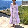 Women's V Neck Floral Print Maxi Dress Two Piece 3/4 Sleeve Chiffon Cardigan Elegant Casual Sundress Outfit Set
