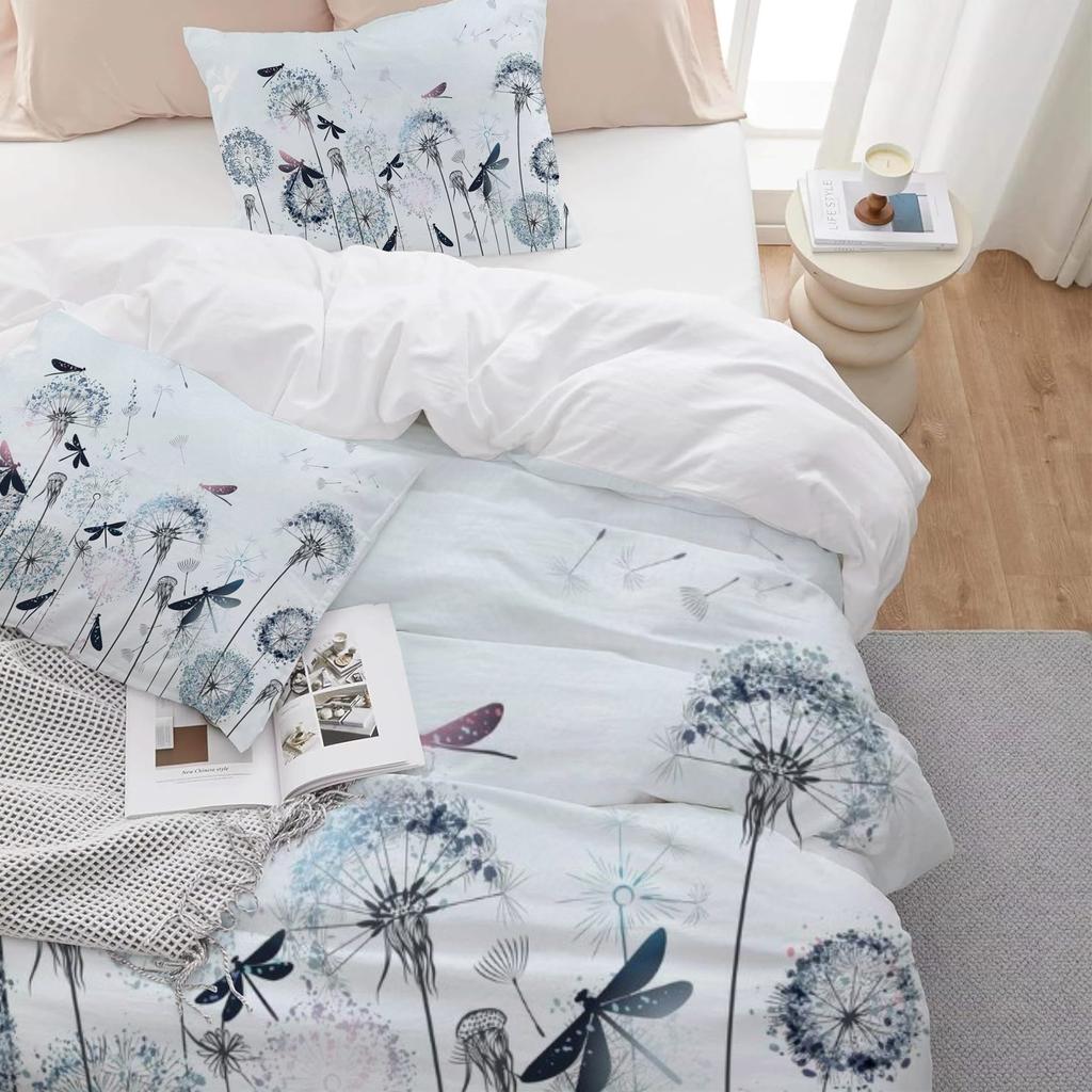Blue Dandelion and Dragonfly Pattern 3D Printed Down Duvet Cover, Soft and Comfortable Bedding Cover