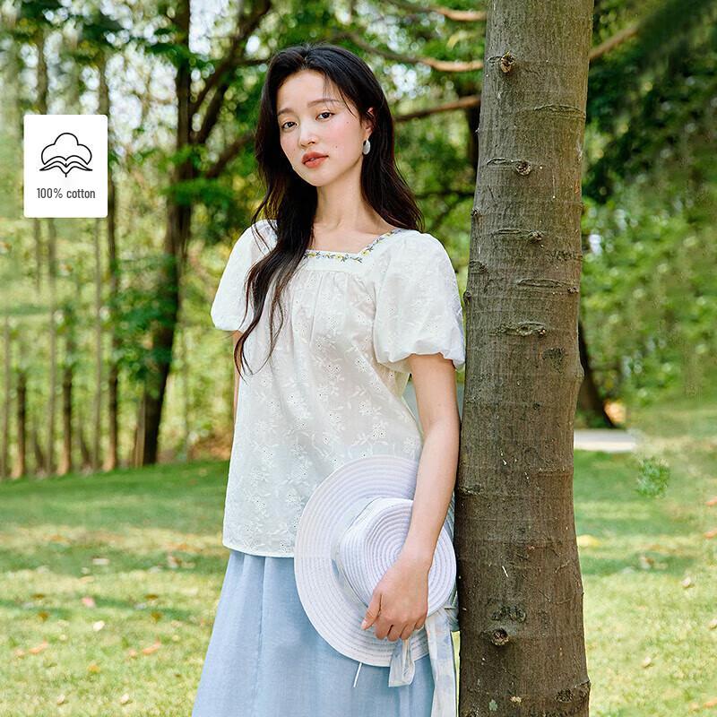 Inman French Embroidered Square Collar Cotton Shirt S