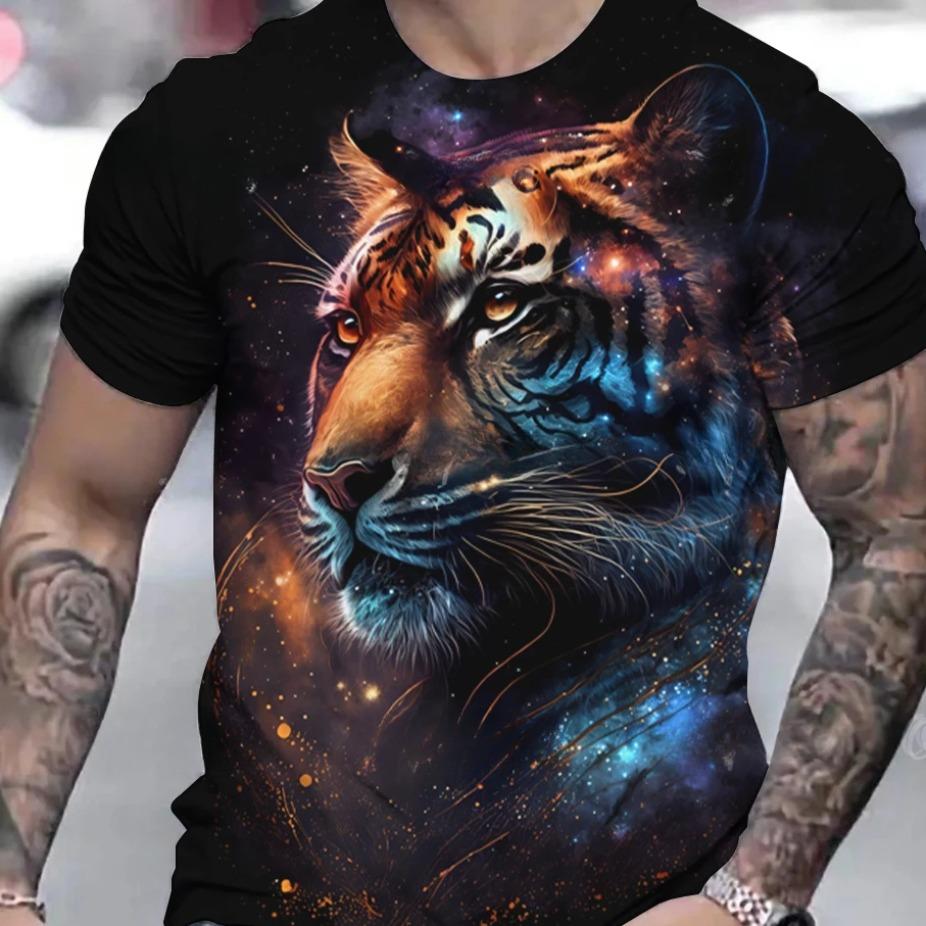 Tiger Print T-Shirt 3D Animal Men's Shirts Summer Short Sleeved Male Pullover Oversized T-shirts Casual Tops Tees Men Clothing Shirt