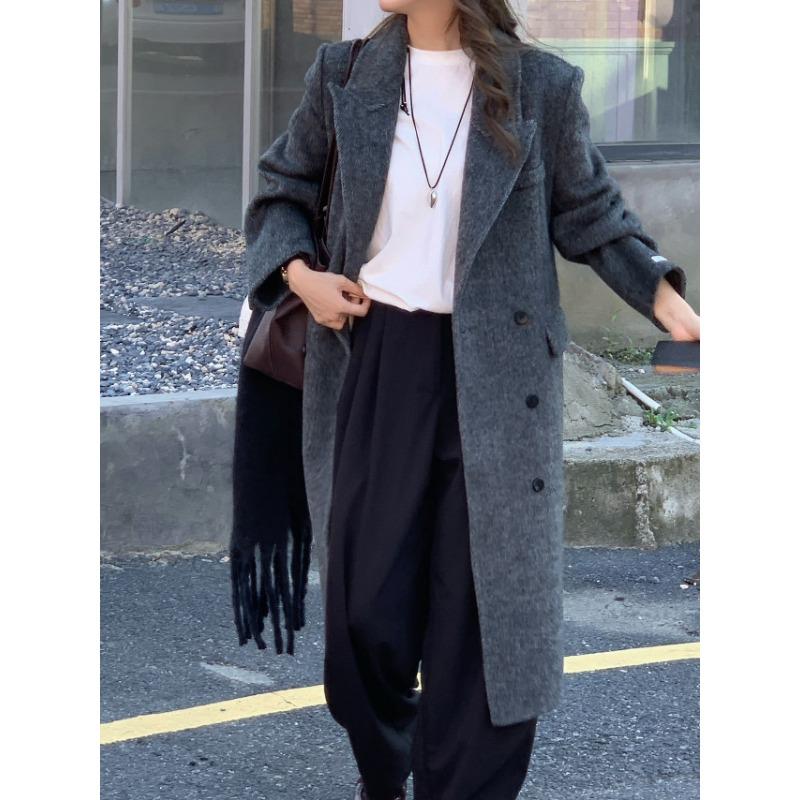 

Корейское двубортное шерстяное пальто с узором «елочка» высокого класса, двухстороннее шерстяное пальто на осень и зиму, новое свободное тонкое шерстяное пальто M