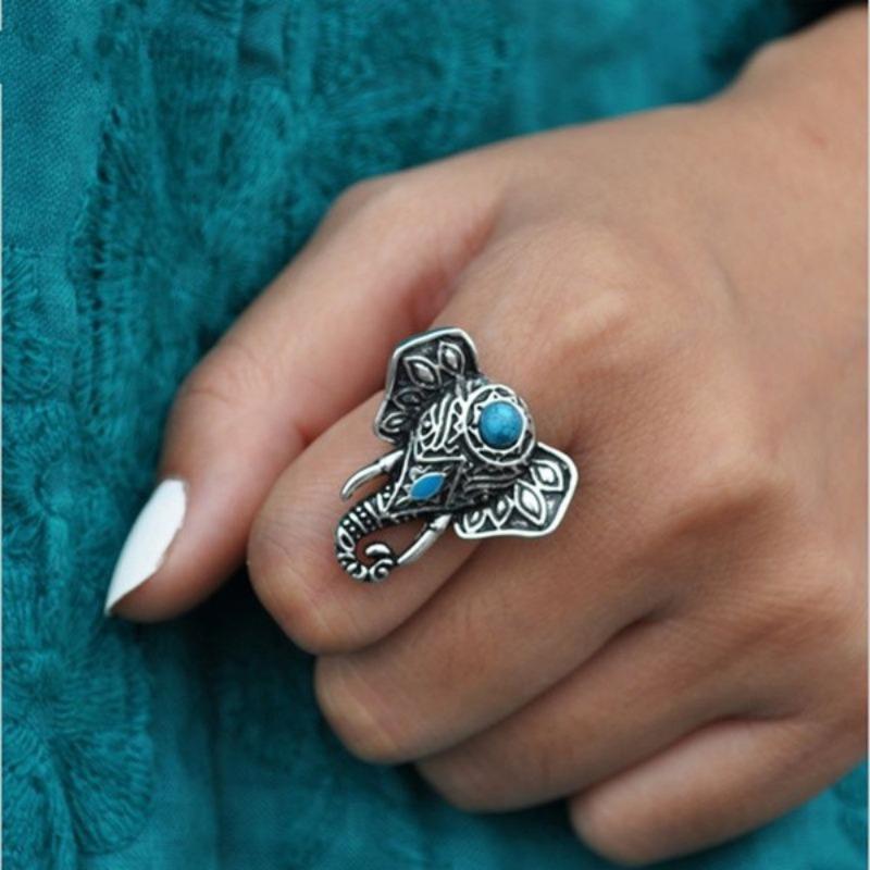 Bohemian Ethnic Style Creative Faux Turquoise Opening Adjustable Ring Women Retro Party Personality Jewelry Accessories