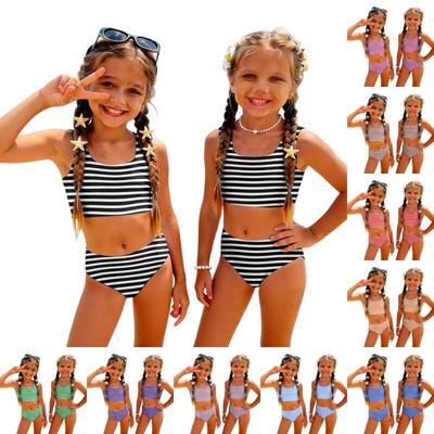 Girls Two Piece Bikini Swimsuit Set Summer Casual Tank Top and Bottoms Striped Print Swimwear for Kids Beach Pool