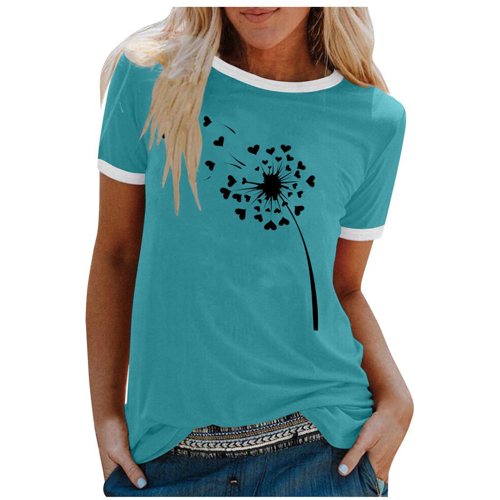 Ladies Cute Printed Short Sleeve Round Neck Front Shoulder Vintage Short Sleeve Summer Loose Shirt Top