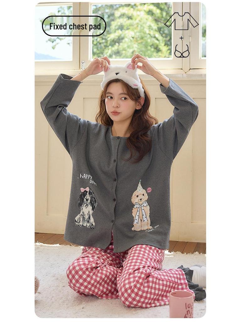 Women's Cute Cartoon Pajama Set with Chest Pads - Long Sleeve, Long Pants for Spring & Autumn, Wear Indoors or Out