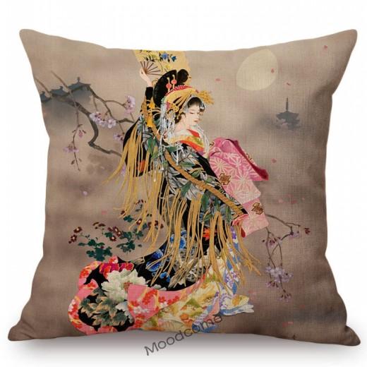 Beautiful Pretty Japanese Geisha Cartoon Traditional Kimono Girl Floral Cotton Linen Sofa Pillow Case Home Decor Cushion Cover