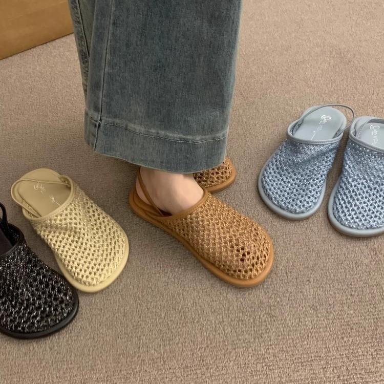 Round Head Flat Bottom Woven Breathable Slippers Women's Summer Wear 2025 New Soft Flat Bottom Bag Head Half Drag Sandals Women's Shoes