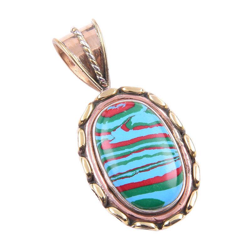 Pierre Précieuse Naturelle Calcica Arc-en-Ciel Argent Massif 925 Pendentif Bicolore 1,50'' B5z43