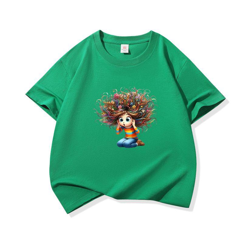 Kids Cotton T Shirt Surprised Girl With Colorful Hair Print Crew Neck Short Sleeve Tee Casual Boys Girls Summer Tops