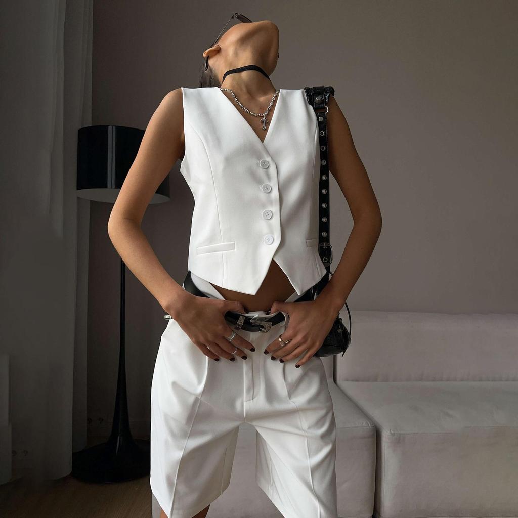 Conjunto Feminino de Duas Peças: Colete, Camisa Sem Mangas, Shorts de Cintura Alta com Cordão, Tamanho Grande, Conjuntos de Moda