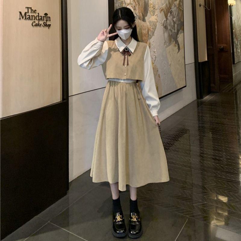 

Платье осеннее с длинным рукавом, пэчворк, колор-блок - Французский ретро академический стиль, приталенное, стройнящая юбка миди M recommended 100-110 jin