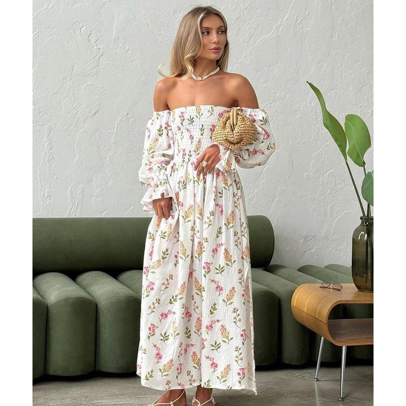 European and American-Style off-Shoulder Sexy Sexy High Waist Floral Pleat Split Lantern Sleeve Long sleeve Mid-Length Dress