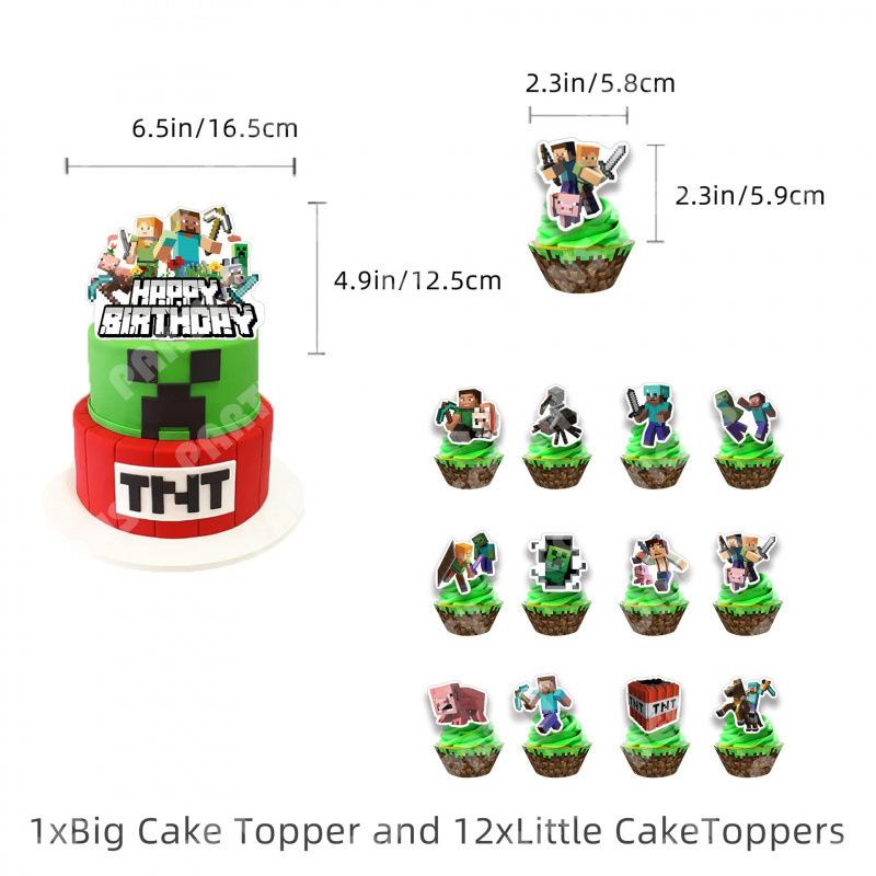 Minecraft Geburtstagsparty Zubehör Dekorationen Set Banner Kuchenaufsätze Luftballons Set für Jungen Mädchen Gaming-Themenparty