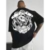 European Size Skull and Mechanical Components Graphic Black T-Shirt for Men | Edgy Flame Pattern Design
