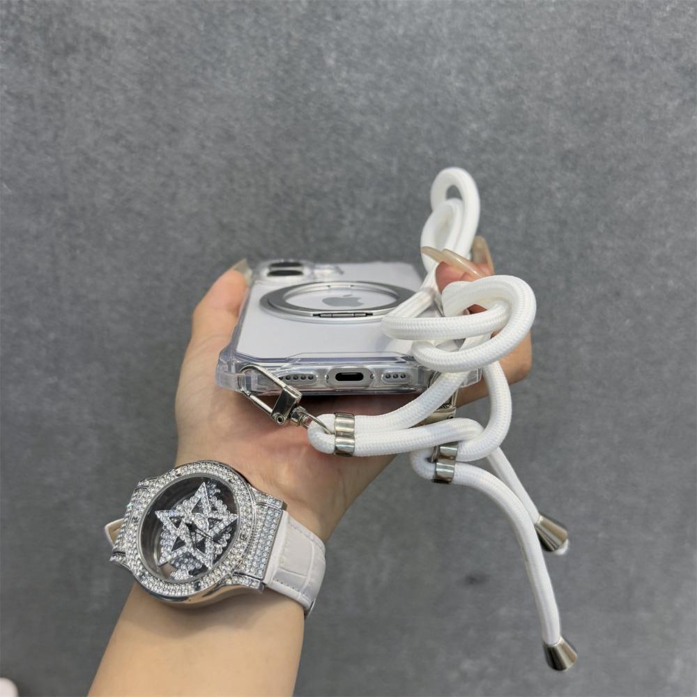 Crossbody Lanyard Transparent Magnetic Holder Stand Case For  iPhone 12 13 14 15 16 Pro Max Necklace Shoulder Strap Hard Cover