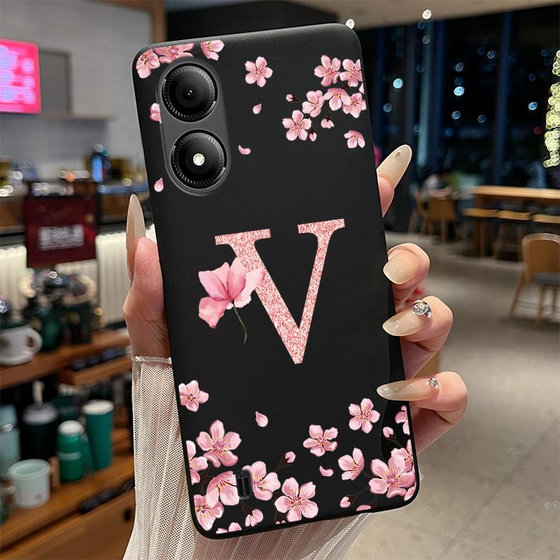 Black Case For ZTE Blade A33S Fundas Beautiful Flower Printing Initial Letters Phone Casing Soft Silicone Protective Back Cover