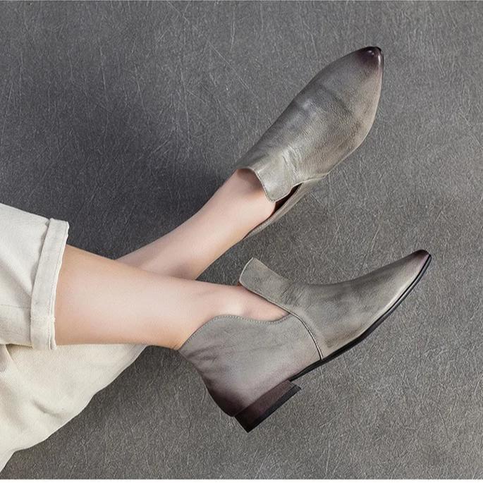 Johnature Genuine Leather Pointed Shallow Low Heel Shoes Fashion And Versatile Women's Slip-on Shoes