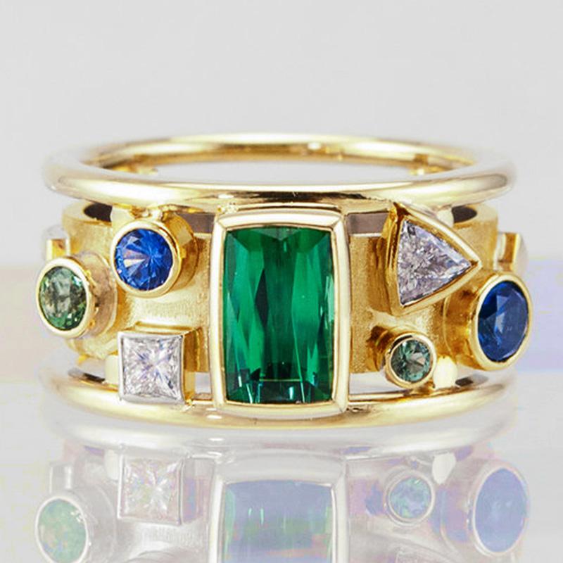 

Huitan Luxury Retro Women Geometric Finger Ring Vintage Party Accessories Green/Blue/White Zircon Stones Female Zircon New Ring 6&Gold-color