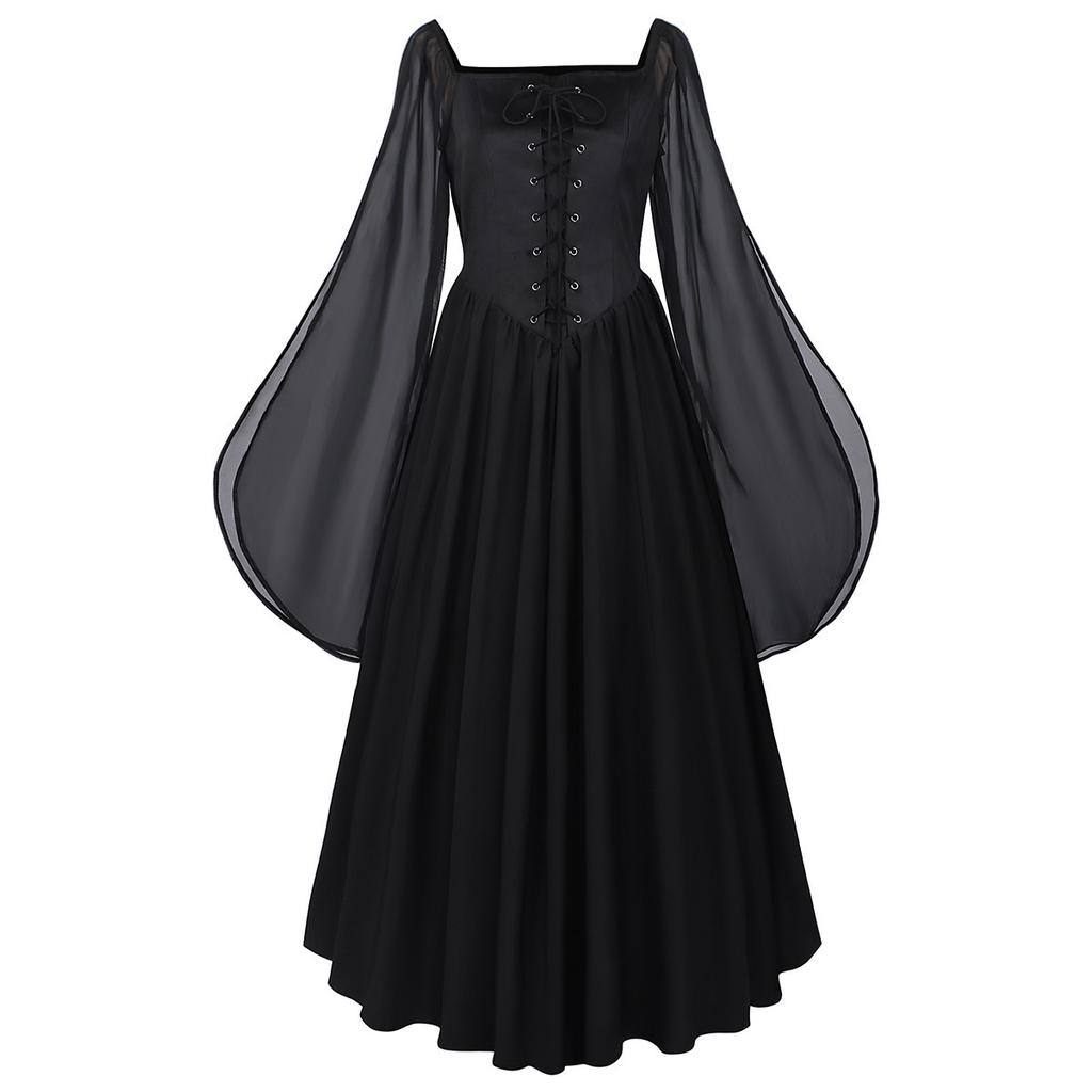 Renaissance Women's Pirate Dress Slit Flared Sleeves Medieval Fairy Costume Vintage Long Gown for Halloween Less