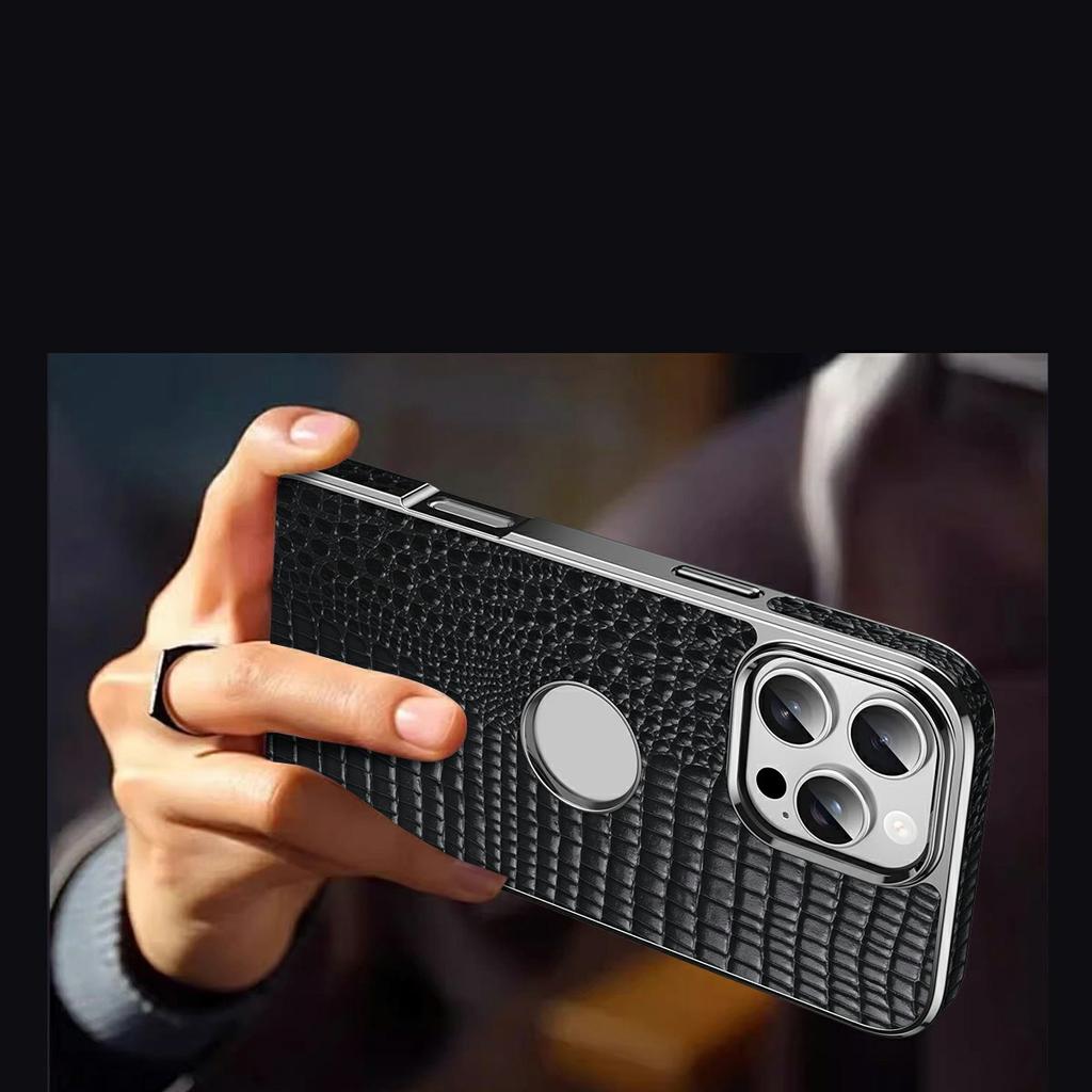 Für iPhone 16 Pro Magnetische Hülle Echtes Rindsleder Hybrid Handyhülle Krokodiltextur Galvanisiert