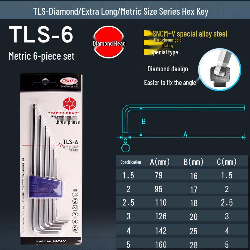 Japonská extra dlouhá sada šestihranných klíčů s kulovou hlavou (TLS-6/7/8/9)
