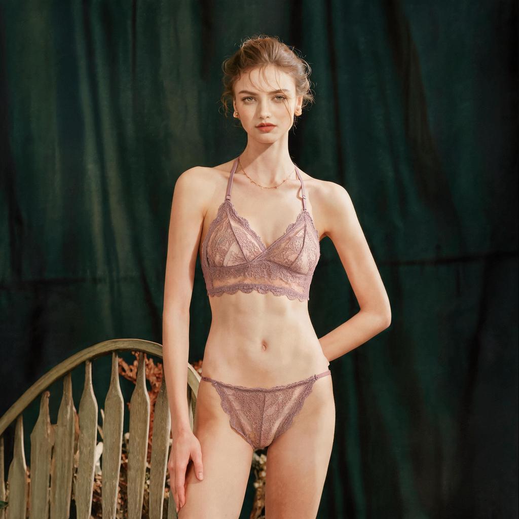 French U‑Shape Beautiful Back Lace Lingerie Set,Wire‑Free Thin Triangle Cup Sexy Bra Set for Women