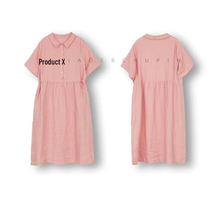 Korean Style Cotton Linen Retro Long Dress for Women, Spring/Summer 2026 Collection, Short Sleeve with Shirt Collar